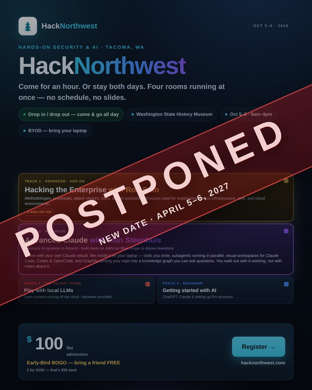 HackNorthwest postponed — new date April 5–6, 2027, Washington State History Museum, Tacoma